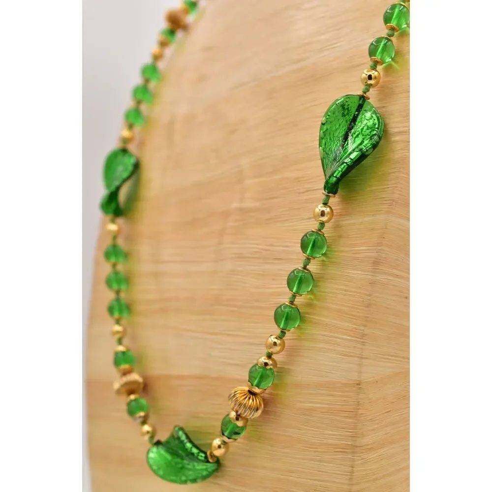 Vintage Artisan Glass Beaded Necklace Green Leaf Gold Fall Autumn 1980s BinBL